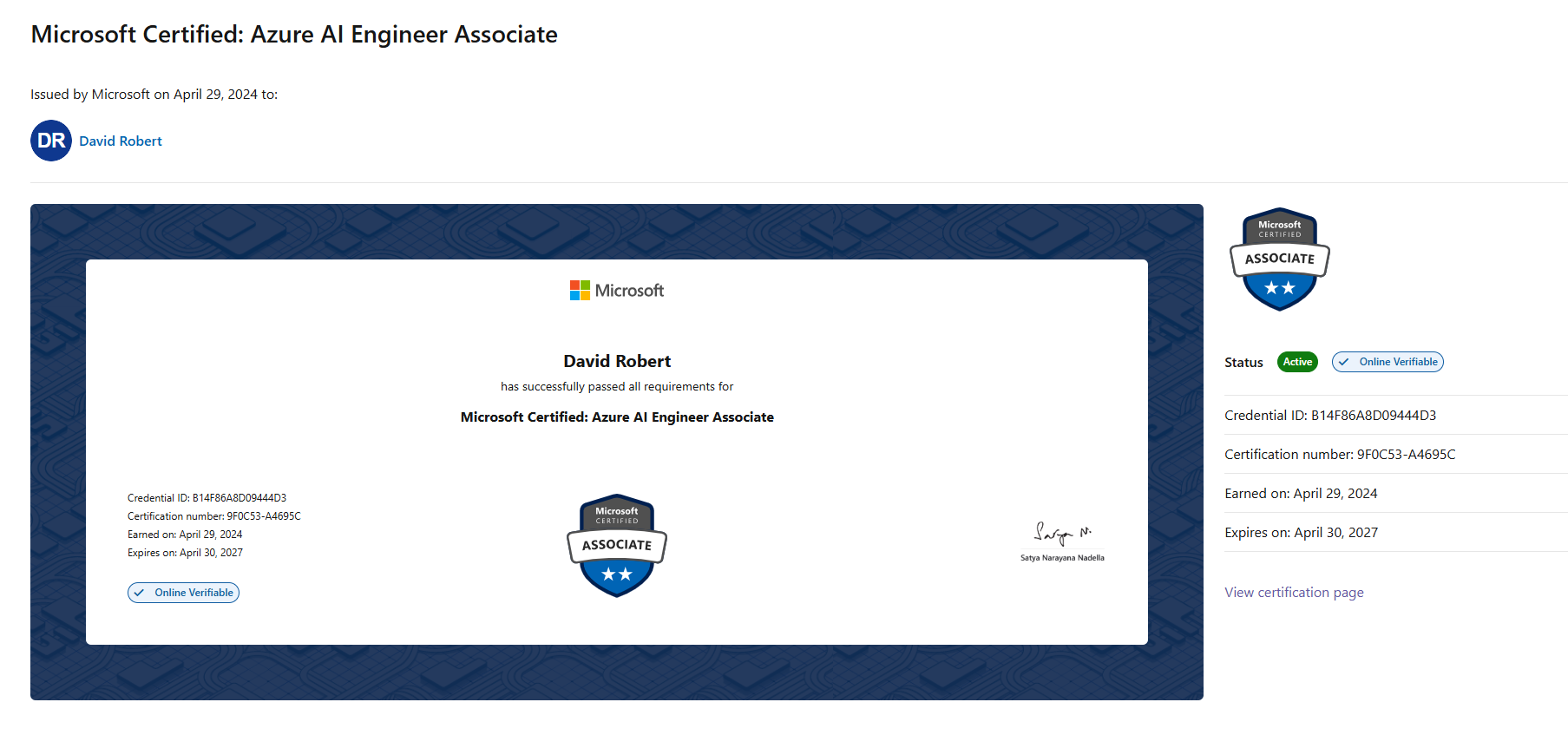 Azure AI Engineer Associate credential